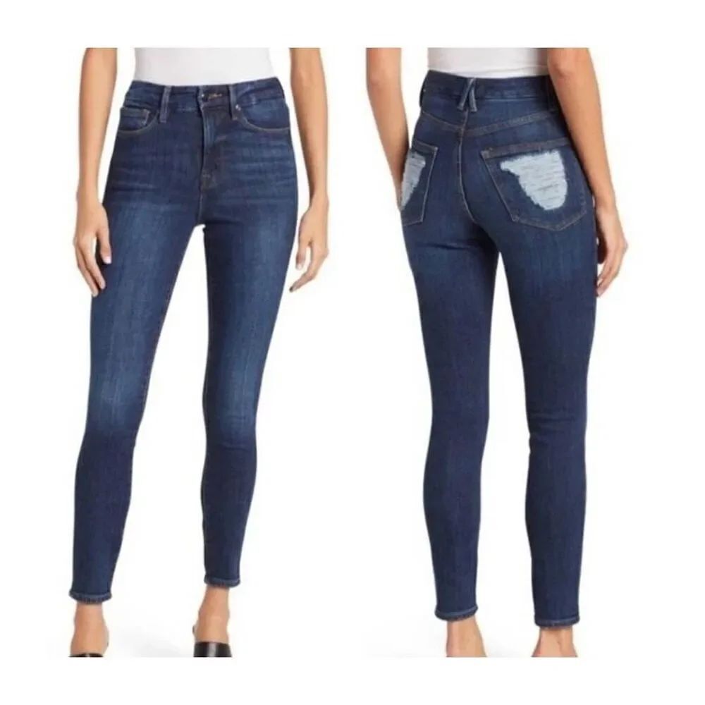 NWT GOOD AMERICAN Good Waist Distressed pockets skinny high rise dark blue sz 2/